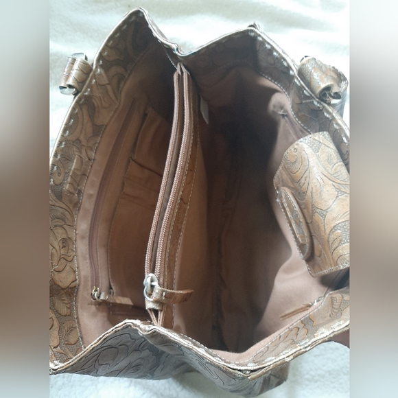August Max tooled leather Patricia Nash inspired handbag tan roses print purse - Picture 4 of 4